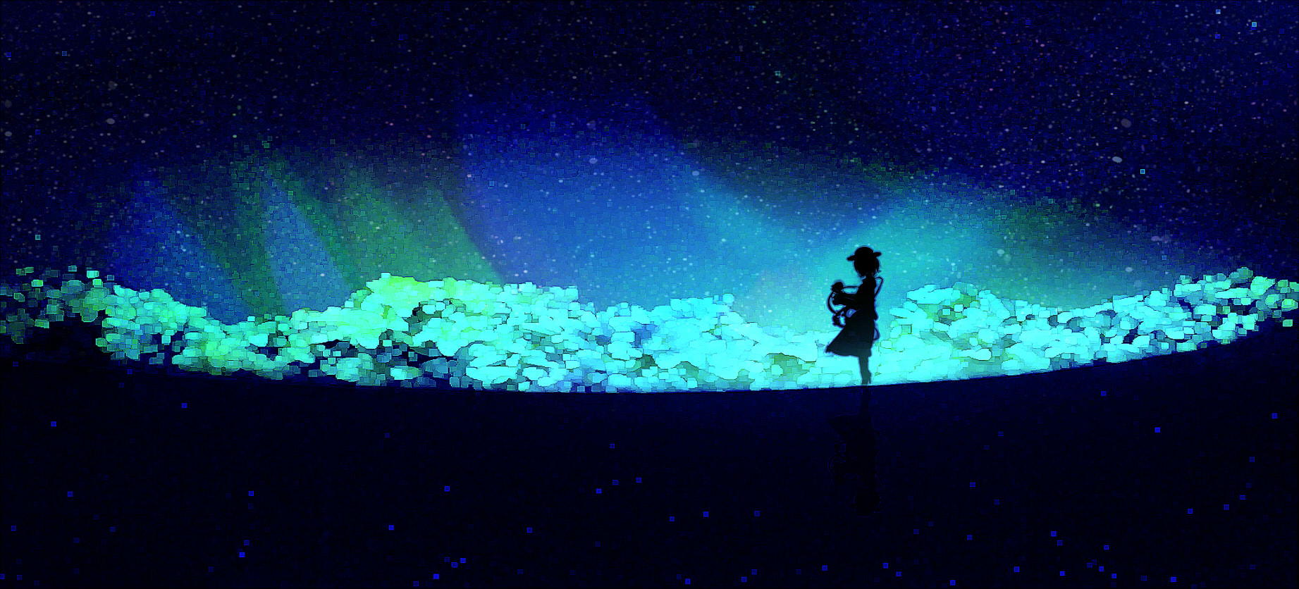 yoshioka yoshiko, komeiji koishi, touhou, bad id, bad pixiv id, highres, 1girl, blue theme, female focus, hat, nature, night, outdoors, plant, silhouette, skirt, sky, solo