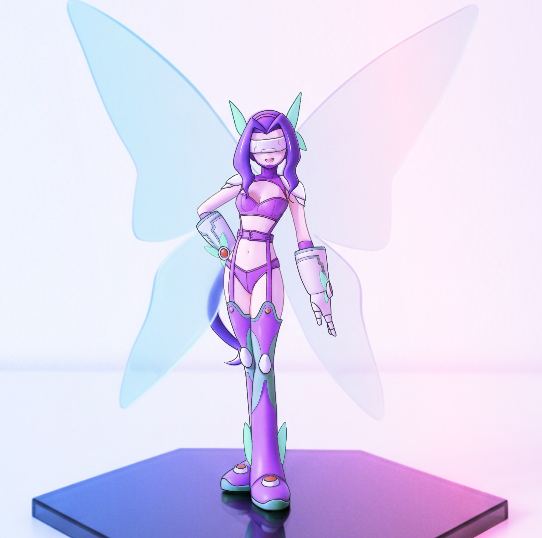 noboyasm2000, fairimon, digimon, chinese commentary, commentary, highres, 1girl, :d, belt, bikini, boots, breasts, butterfly hair ornament, butterfly wings, cleavage, covered eyes, digimon (creature), elbow gloves, facial mark, faux figurine, full body, garter straps, gloves, grey gloves, hair ornament, hairband, hand on own hip, head-mounted display, insect wings, long hair, medium breasts, navel, open mouth, parted bangs, purple arm warmers, purple belt, purple bikini, purple boots, purple hair, purple hairband, reflection, shoulder pads, skindentation, smile, solo, standing, stomach, strapless, strapless bikini, swimsuit, thigh boots, wings