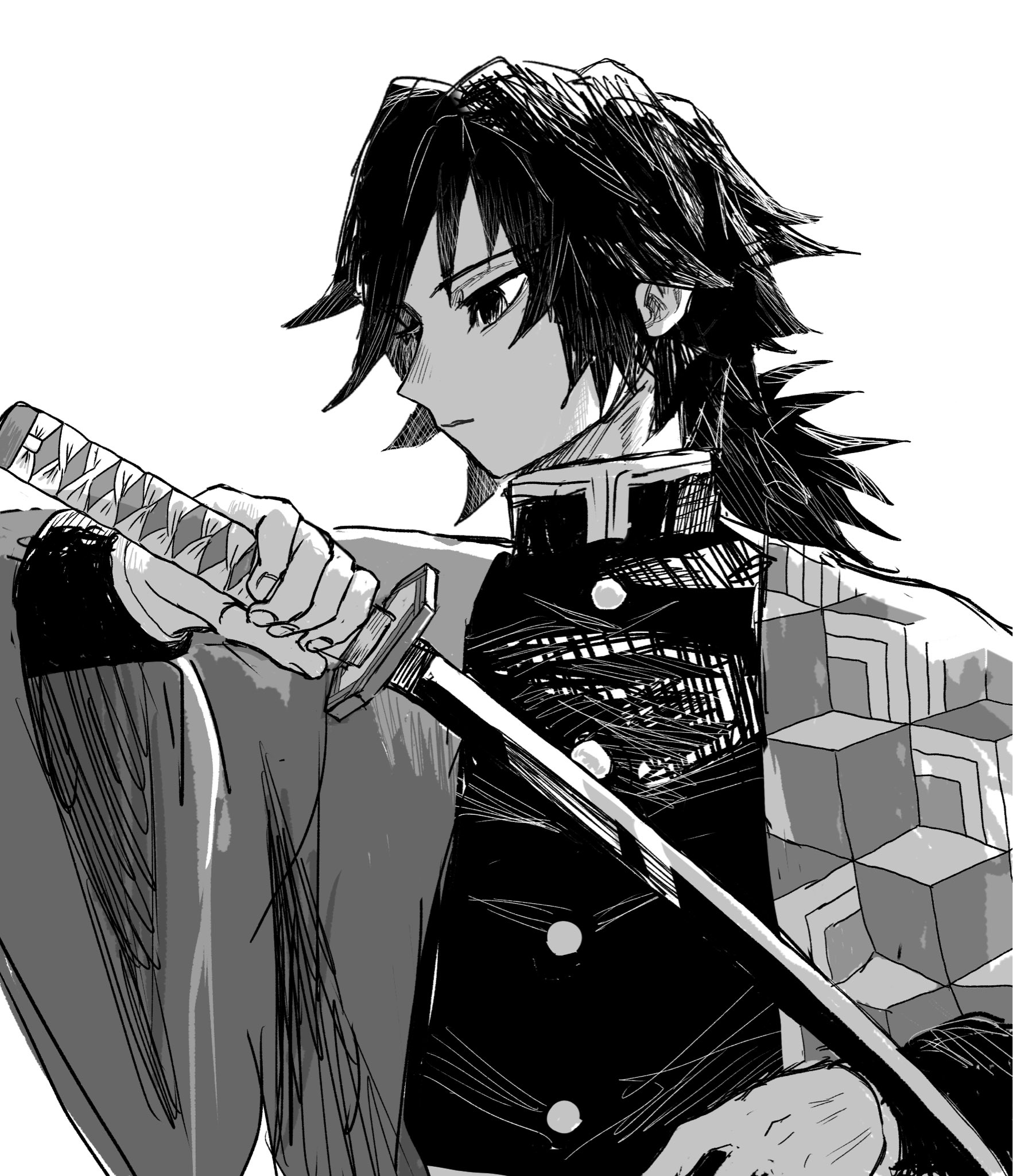 tomioka giyuu, kimetsu no yaiba, highres, 1boy, buttons, demon slayer uniform, greyscale, hand up, haori, high collar, holding, holding sword, holding weapon, jacket, japanese clothes, katana, kikkoumon, letsgo shiawase, low ponytail, male focus, monochrome, ponytail, print haori, red haori, simple background, solo, spiked hair, sword, upper body, weapon, white background