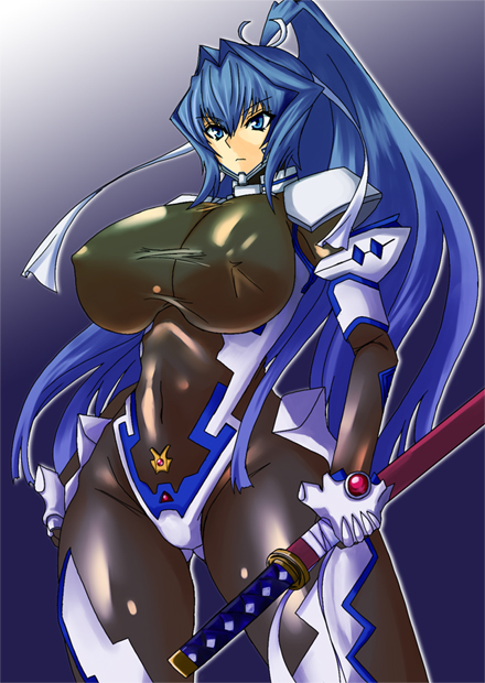 mitsurugi meiya, muv-luv, armor, ponytail, purple hair