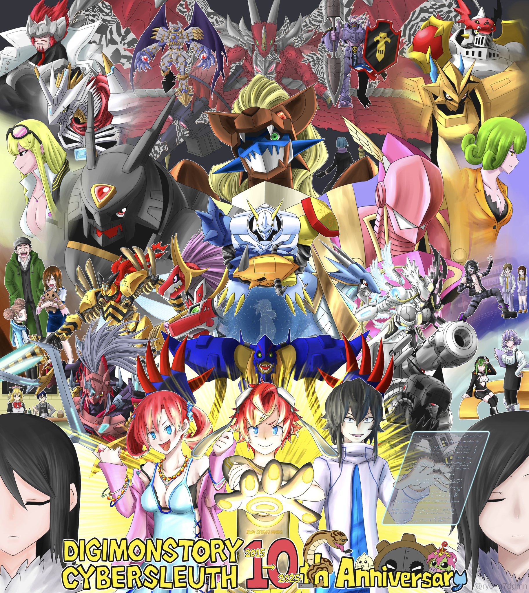 ryo n7dgmn, aiba takumi, alphamon, craniummon, date makiko, diablomon, duftmon, dukemon, dynasmon, examon, fei wong tomoe ignacio, gaioumon, gankoomon, jesmon, jimmy ken, kamishiro yuugo, kamishiro yuuko, kishibe rie, kuremi kyouko, lordknightmon, magnamon, mastemon, mikagura mirei, mugendramon, omegamon, sanada arata, sleipmon, suedou akemi, ulforcev-dramon, digimon, digimon story: cyber sleuth, character request, highres, 6+boys, 6+girls, anniversary, armor, bare shoulders, black bra, black shirt, black vest, blue camisole, blue eyes, bra, breasts, bug, camisole, cleavage, curly hair, double blade, dragon, eyewear on head, glitch, green hair, group picture, helmet, holding, holding shield, holographic interface, jacket, large breasts, mecha, medium breasts, multiple boys, multiple girls, no shirt, non-humanoid robot, open mouth, pink armor, pink helmet, pink jacket, purple eyes, purple hair, red hair, robot, robot dragon, shield, shirt, underwear, vest, white shirt, yellow jacket, yellow shirt