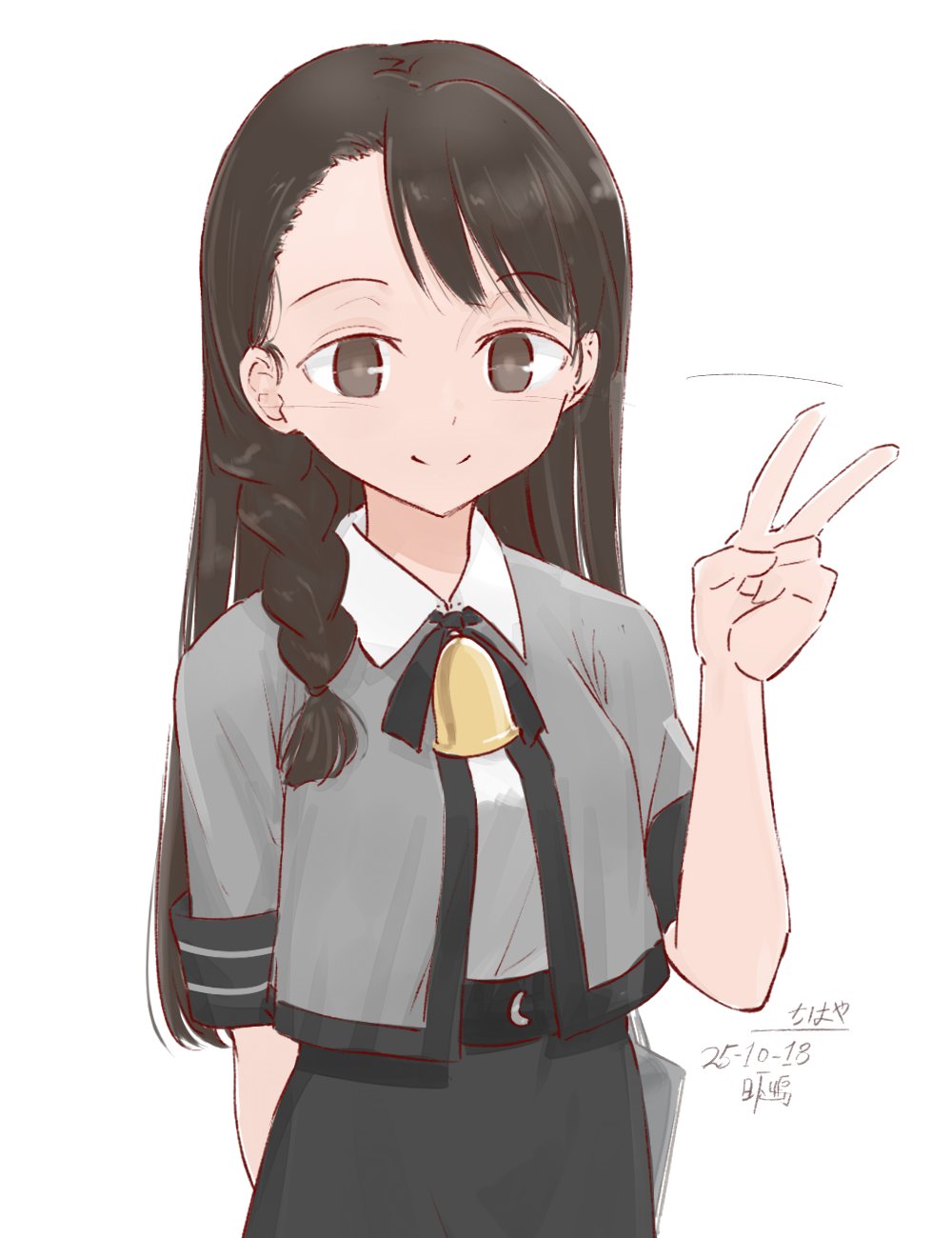 hikashima (shiofune), kantai collection, original, highres, 1girl, black hair, black skirt, braid, brown eyes, cowboy shot, grey jacket, jacket, js chihaya (asr-403), long hair, looking at viewer, shirt, short sleeves, simple background, single braid, skirt, solo, swept bangs, upper body, white background, white shirt