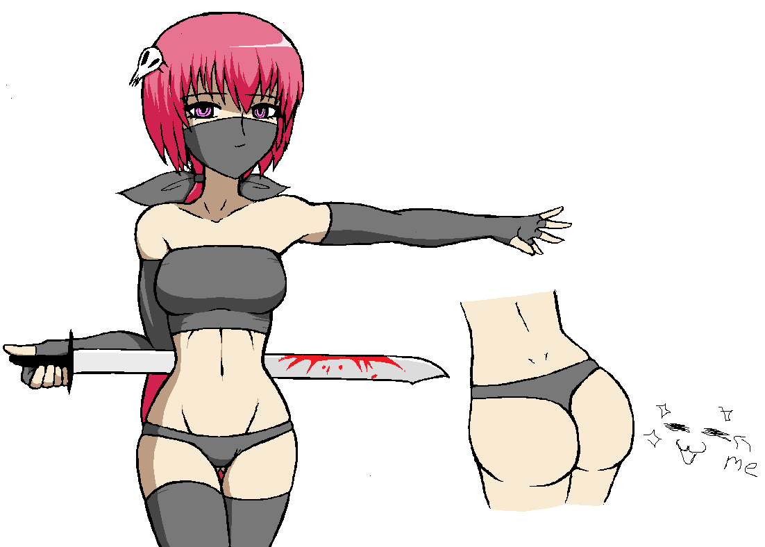 1girl, ass, blood, hip focus, ninja, pink hair, sword, weapon