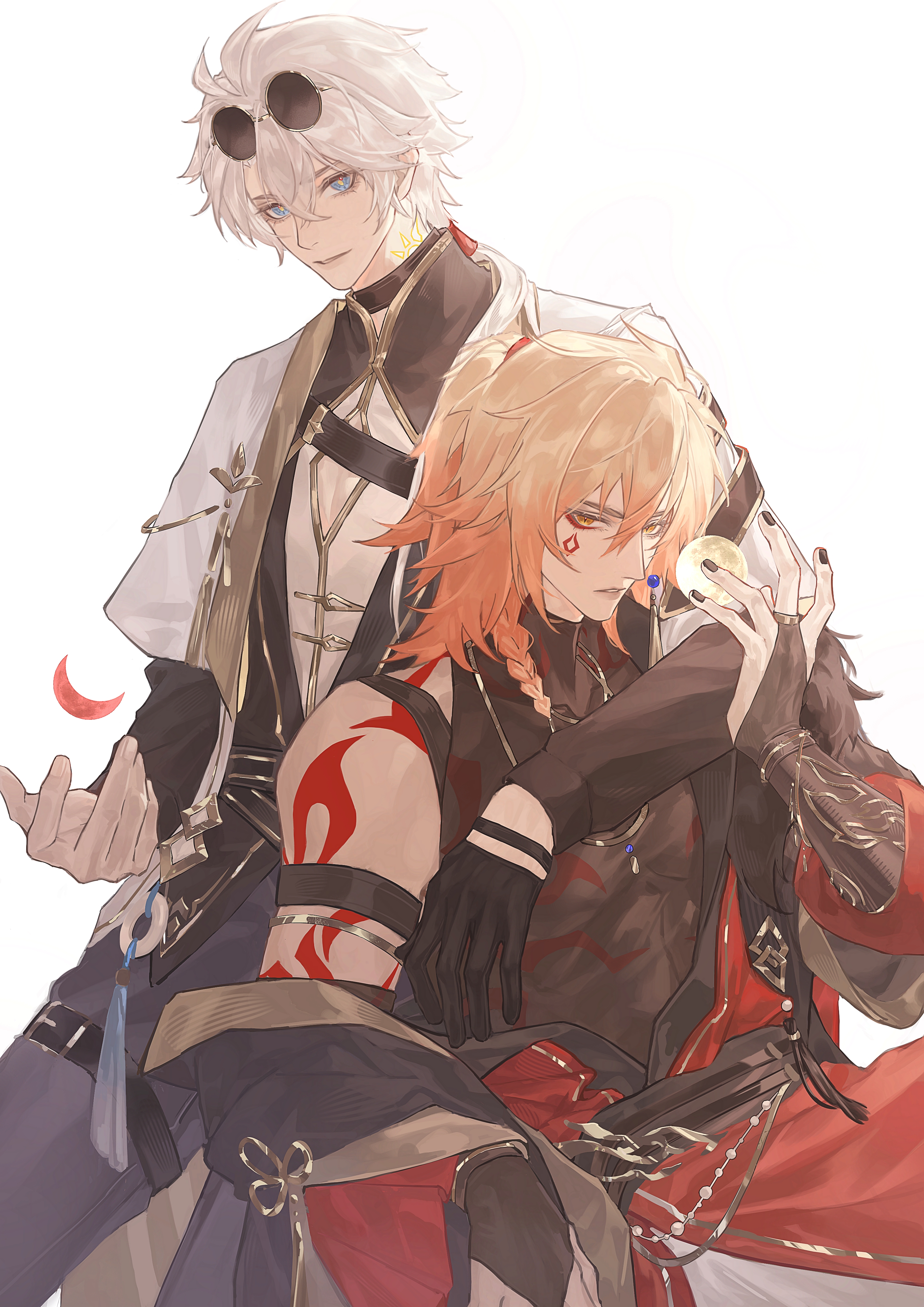 mydei (honkai: star rail), phainon (honkai: star rail), honkai: star rail, honkai (series), absurdres, chinese commentary, commentary request, highres, 2boys, antenna hair, arm around shoulder, arm tattoo, black bridal gauntlets, black choker, black gloves, black pants, black shirt, blonde hair, blue eyes, braid, bridal gauntlets, chest tattoo, chinese clothes, choker, cleavage cutout, clothing cutout, coat, eyewear on head, facial tattoo, gloves, gradient hair, hanchuanyeyoh, jacket, layered sleeves, long sleeves, male focus, mandarin collar, medium hair, multicolored hair, multiple boys, neck tattoo, off shoulder, pants, parted bangs, red coat, red hair, red tattoo, round eyewear, see-through clothes, see-through shirt, shirt, short hair, short over long sleeves, short sleeves, side braid, simple background, single glove, sleeveless, sun symbol, sun tattoo, tan, tattoo, thigh strap, white background, white hair, white jacket, yellow eyes