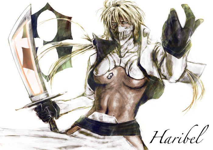 baryan, tier harribel, bleach, spoilers, abs, arrancar, blonde hair, blue eyes, breasts, dark skin, espada, hollow, midriff, realistic, sword, tattoo, underboob, weapon