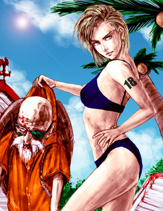 baryan, android 18, muten roushi, dragon ball, dragonball z, bikini, blonde hair, blood, swimsuit