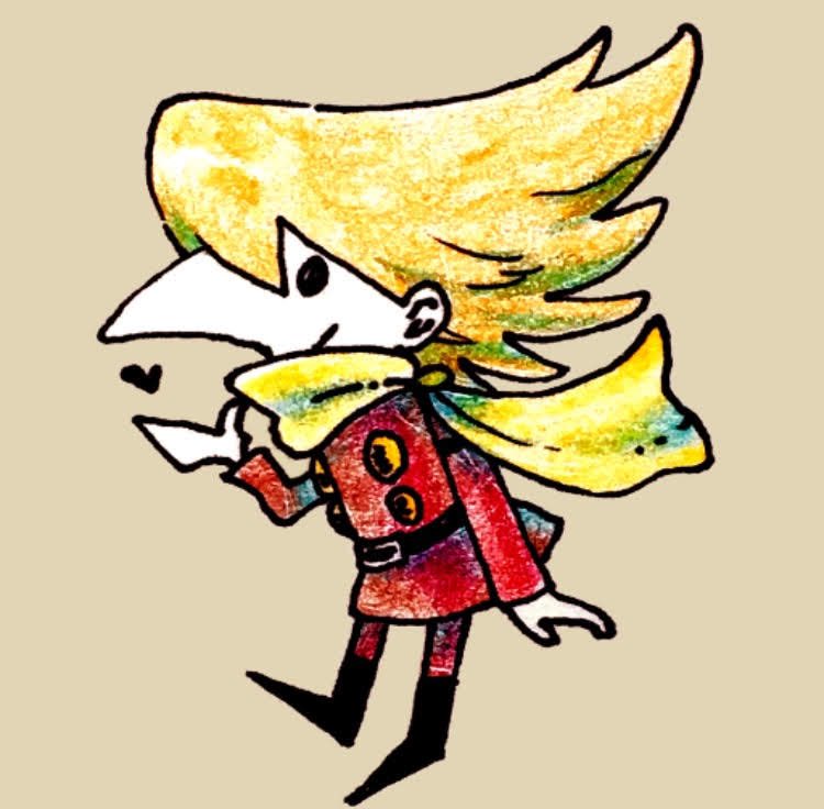 jet link, cyborg 009, 1boy, big nose, black boots, boots, chibi, coat, cyborg, full body, hair over one eye, heart, light smile, long hair, marisawa231, military uniform, orange hair, pants, red coat, red pants, scarf, soldier, spiked hair, spoken heart, yellow scarf