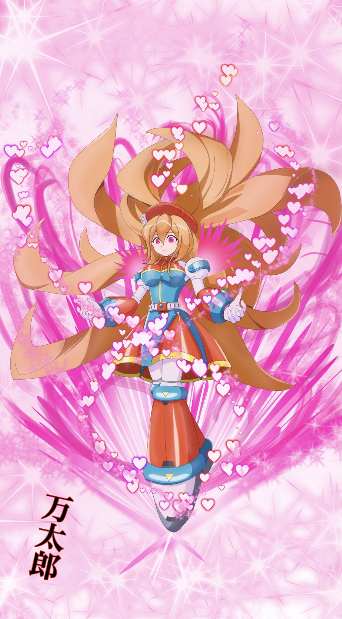 6rockmantaro9, iris (mega man), mega man (series), mega man x4, mega man x (series), highres, 1girl, aura, blue dress, breasts, brown hair, dress, floating hair, full body, hat, heart, large breasts, long hair, pink background, red dress, red hat, simple background, solo, sparkle