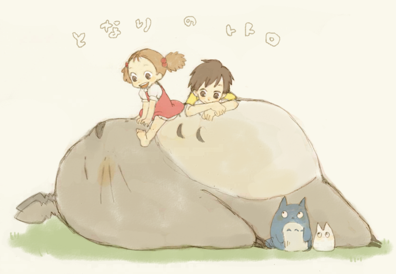 yukke, kusakabe mei, kusakabe satsuki, totoro, studio ghibli, tonari no totoro, 1980s (style), barefoot, brown eyes, brown hair, happy, retro artstyle, short hair, sleeping, twintails