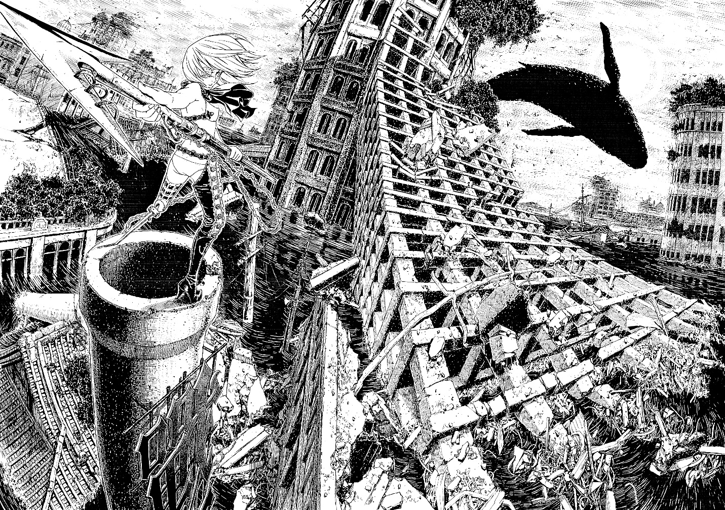 ayakiri, ayamura kirihito, captain ahab, moby-dick, moby-dick or the whale, moby dick, 1girl, amputee, bikini, cityscape, eyepatch, flying whale, genderswap, genderswap (mtf), greyscale, harpoon, monochrome, peg leg, prosthesis, ruins, scenery, swimsuit, whale