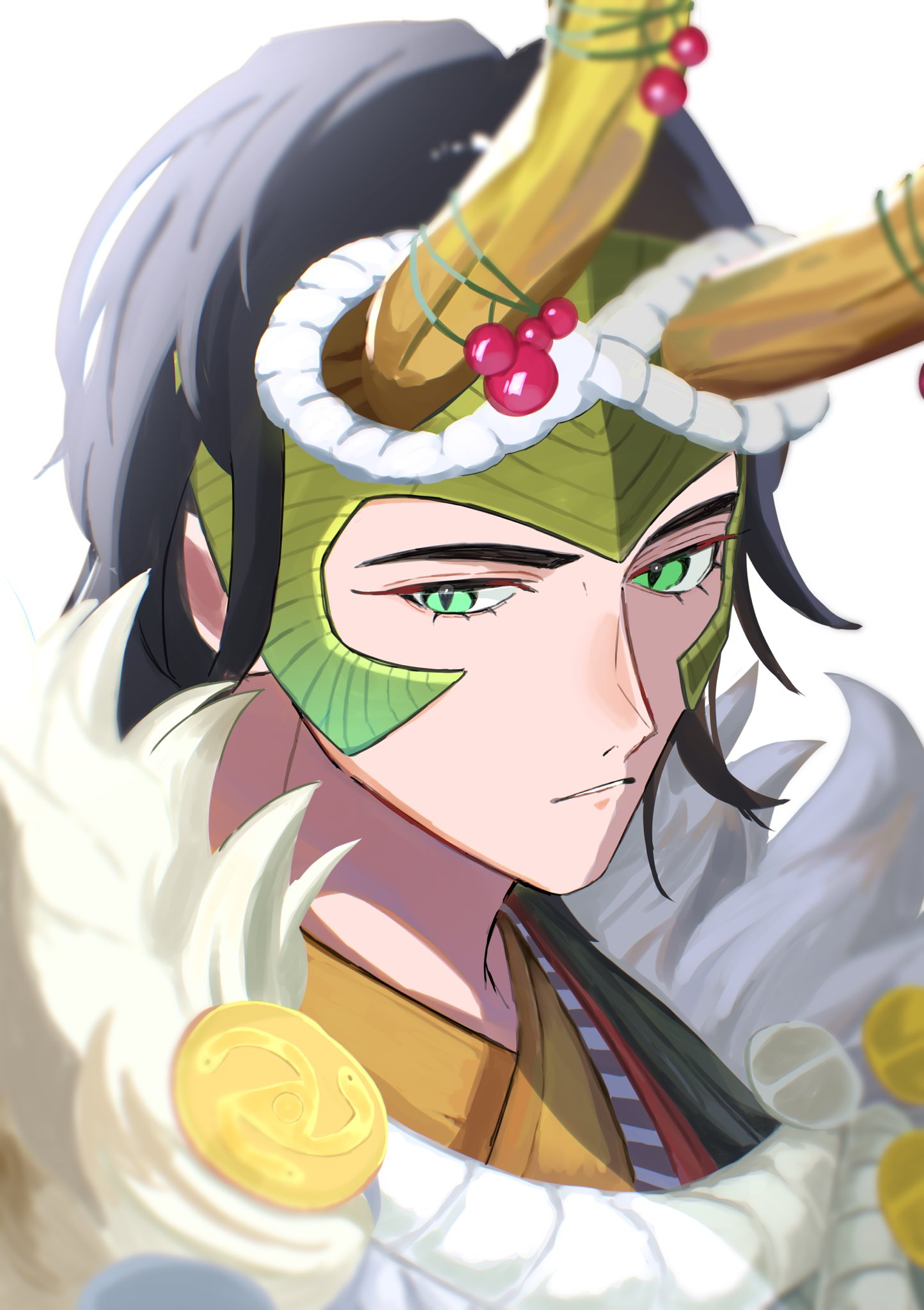 loki (marvel), avengers (series), marvel, highres, 1boy, animification, black hair, christmas ornaments, fake horns, fur trim, green eyes, half-closed eyes, helmet, horn ornament, horns, looking at viewer, male focus, nanimodekiyasne, rope, short hair, simple background, solo, teeth, upper body, white background, white rope