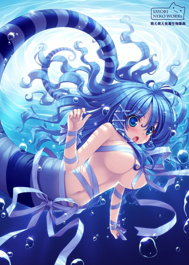 sayori (neko works), original, striped, bad id, bad pixiv id, 1girl, :o, aqua eyes, arm ribbon, blue eyes, blue hair, blue theme, blush, breasts, bubble, female focus, floating hair, from below, hair ribbon, hair spread out, lamia, large breasts, long hair, long tail, matching hair/eyes, monster girl, naked ribbon, navel, open mouth, ribbon, see-through clothes, shadow, snake, solo, sunlight, surprised, tail, underboob, underwater, wavy hair