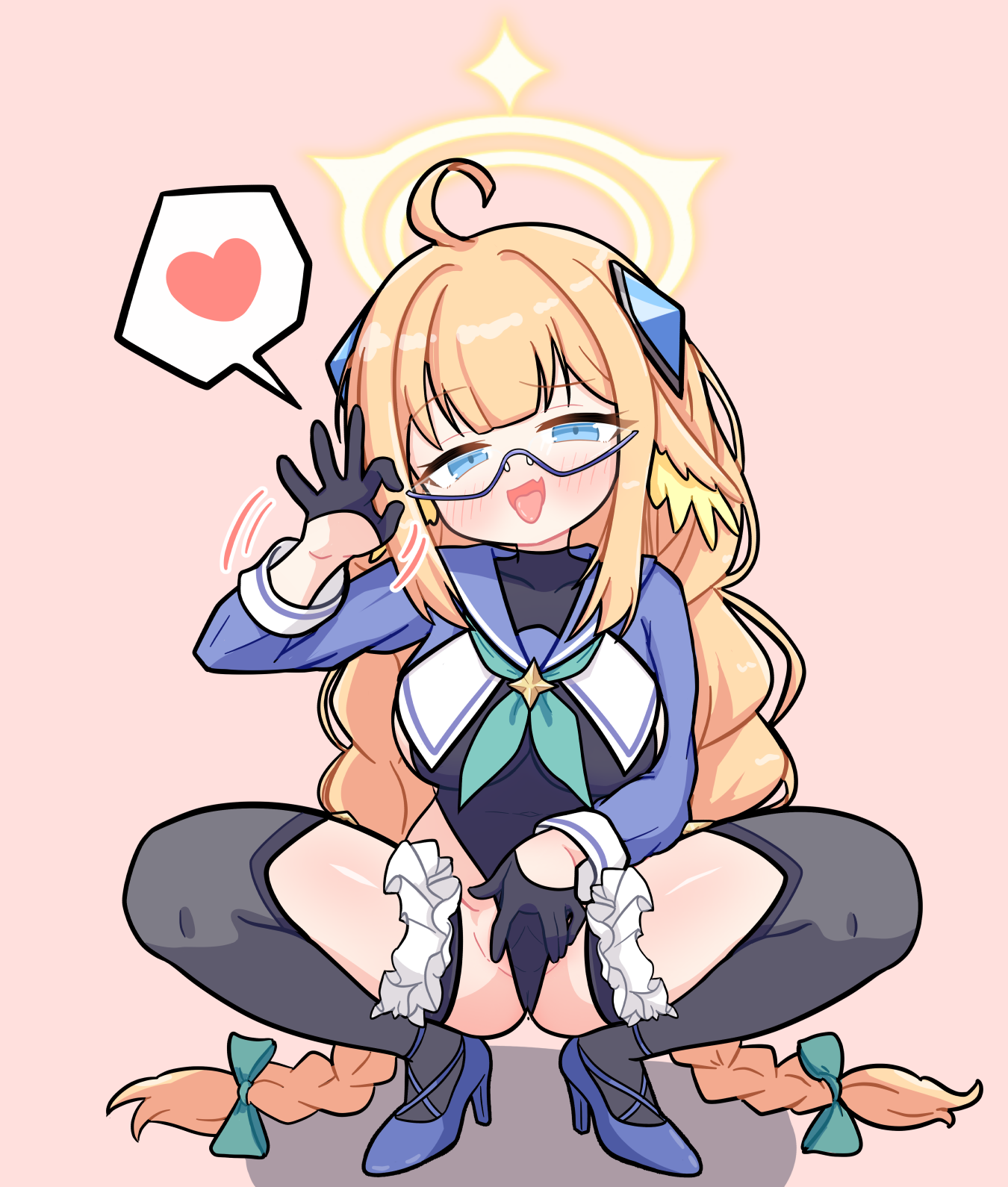 scarfy (scarfy chang), shimiko (blue archive), shimiko (magical) (blue archive), blue archive, highres, variant set, 1girl, ahoge, black gloves, blonde hair, blue eyes, braid, breasts, fellatio gesture, glasses, gloves, halo, handjob gesture, heart, large breasts, leotard, long hair, official alternate costume, solo, spoken heart, squatting