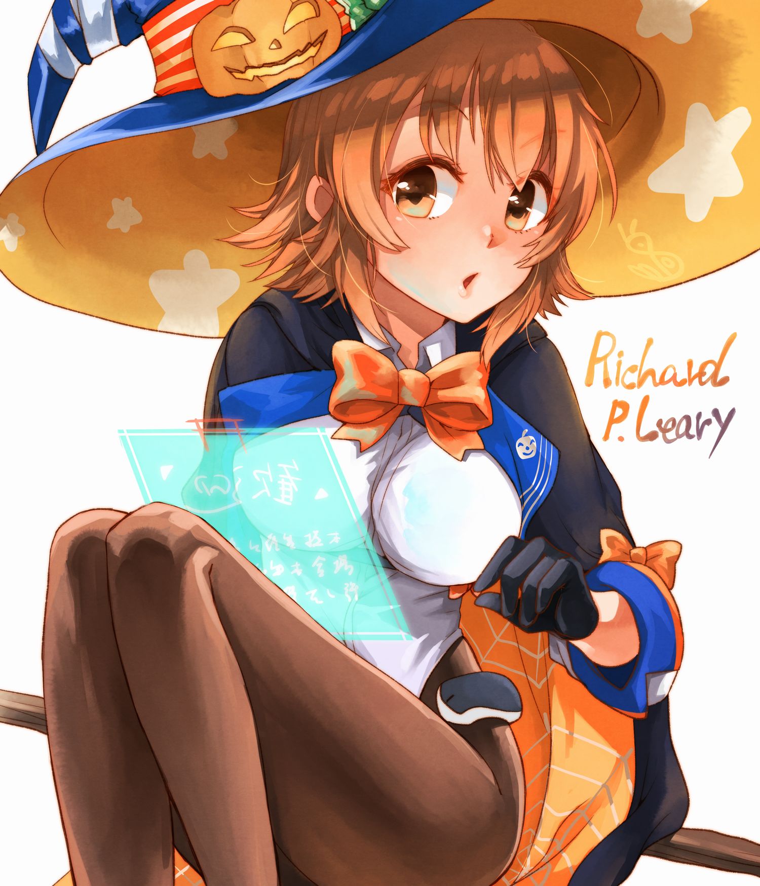 oeoeuhoho, richard p. leary (kancolle), richard p. leary kai (kancolle), kantai collection, highres, 1girl, black cape, black gloves, black pantyhose, blue hat, bow, breasts, broom, broom riding, brown eyes, brown hair, cape, character name, gloves, halloween costume, hat, highleg, highleg leotard, holographic interface, leotard, looking at viewer, medium breasts, orange bow, orange cape, pantyhose, richard p. leary (halloween) (kancolle), short hair, sleeved leotard, two-sided cape, two-sided fabric, white leotard, witch hat