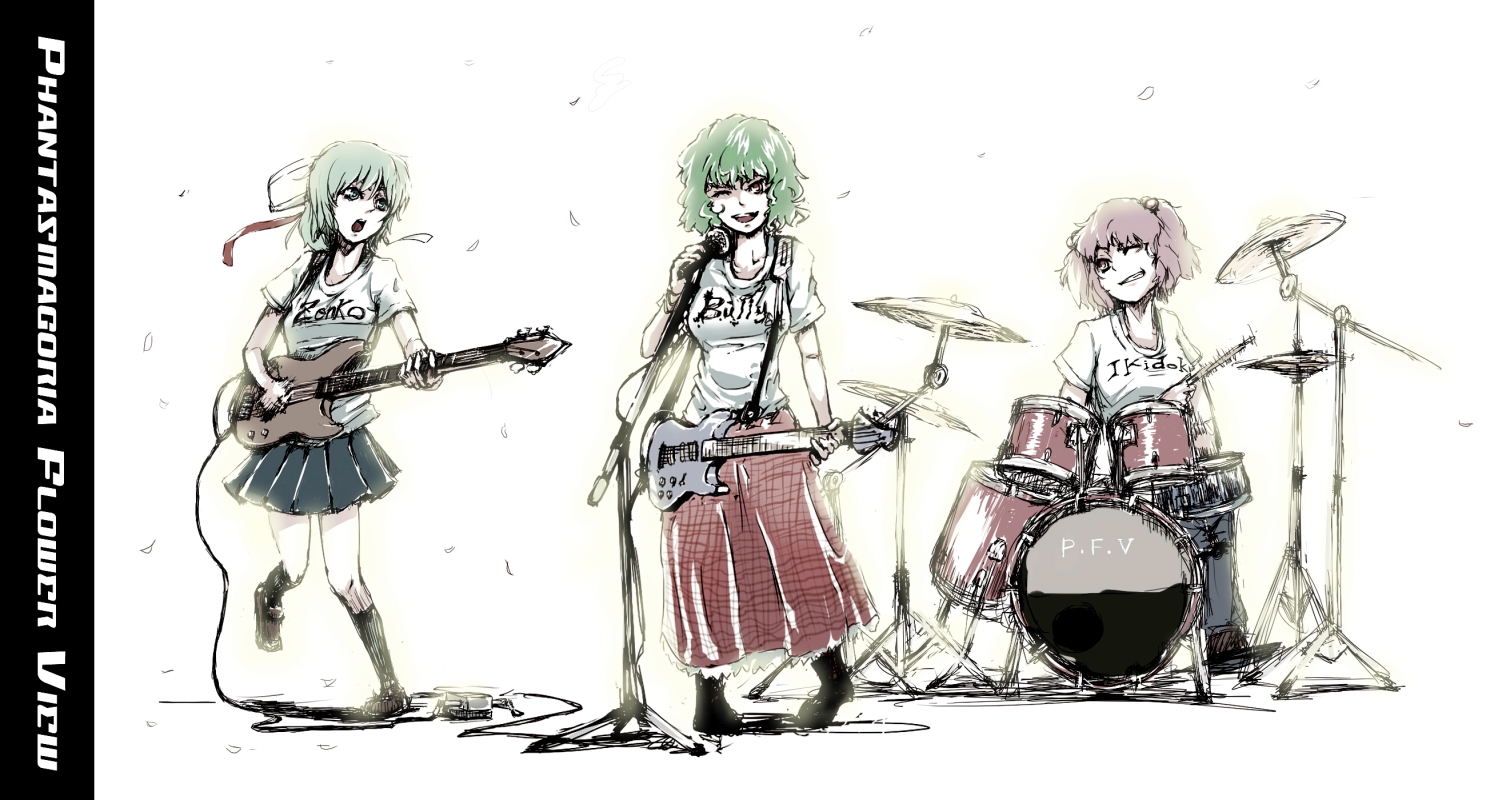 taichi (tomo), kazami yuuka, onozuka komachi, shiki eiki, touhou, 3girls, alternate costume, band (music), bass guitar, casual, contemporary, drum, drum set, english text, female focus, green eyes, green hair, guitar, hair bobbles, hair ornament, hair ribbon, instrument, microphone, microphone stand, multiple girls, one eye closed, pink eyes, pink hair, plaid clothes, plaid skirt, red eyes, ribbon, skirt, twintails, two side up, wink