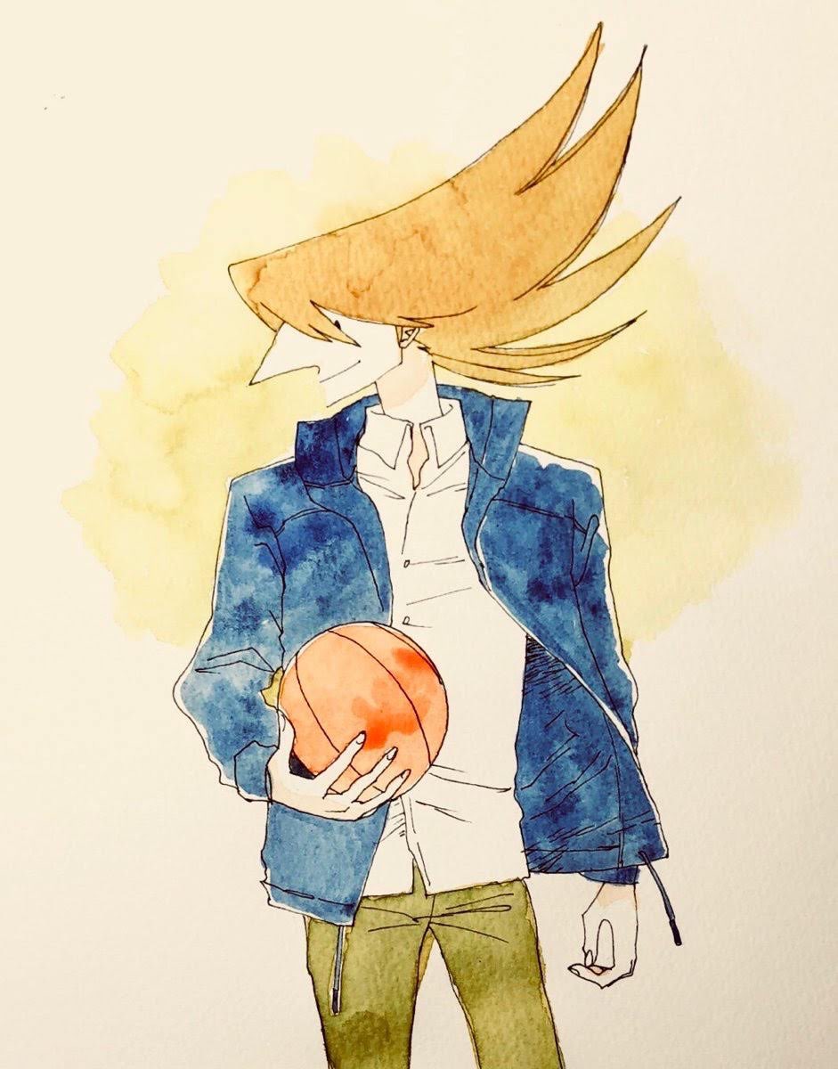 jet link, cyborg 009, highres, 1boy, ball, basketball (object), big nose, blue jacket, coat, cyborg, dynamic pose, green pants, hair over face, hair over one eye, holding, holding ball, jacket, light smile, long hair, looking to the side, marisawa231, orange hair, pants, soldier, tall male, white coat