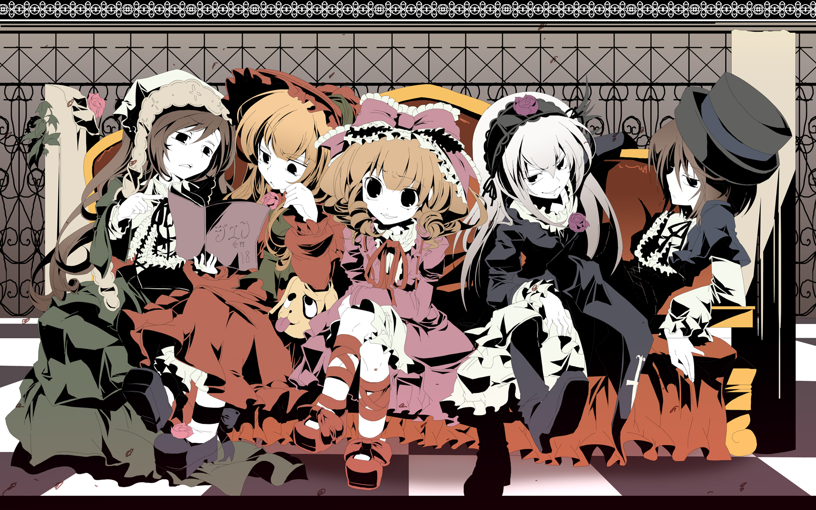 fruit punch, hinaichigo, kunkun, shinku, souseiseki, suigintou, suiseiseki, rozen maiden, bad id, bad pixiv id, highres, 00s, 6+girls, blonde hair, book, couch, high contrast, multiple girls, open book, reading, siblings, sisters, twins
