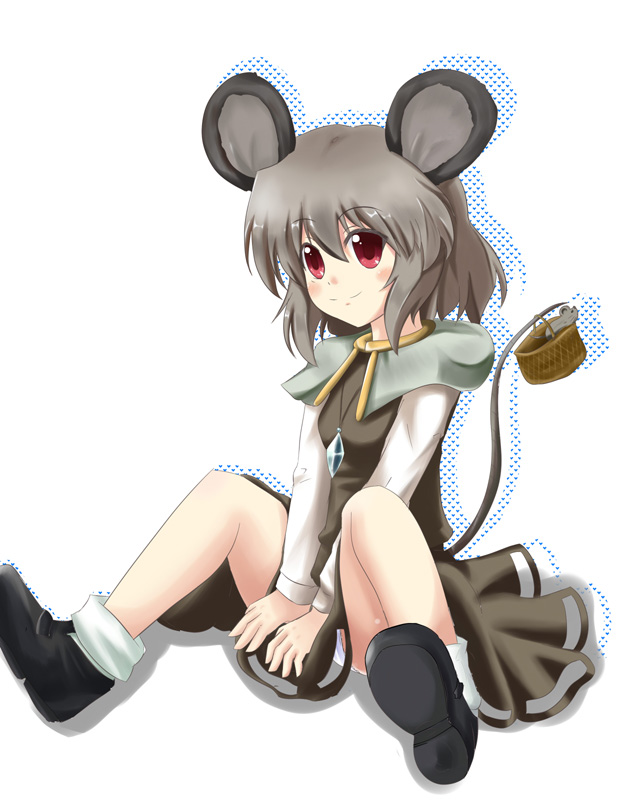 itamochi, nazrin, touhou, bad id, bad pixiv id, 1girl, animal ears, basket, capelet, female focus, grey hair, jewelry, mouse (animal), mouse ears, mouse tail, panties, pantyshot, pendant, red eyes, short hair, smile, solo, tail, underwear