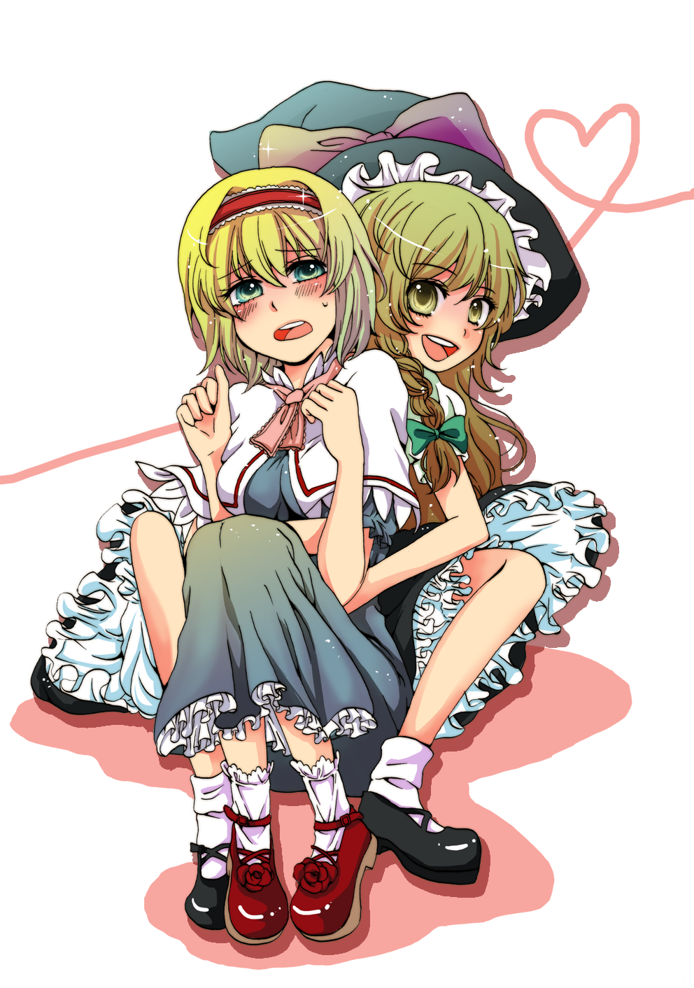 yamamoto (pixiv517964), alice margatroid, kirisame marisa, touhou, highres, 2girls, blush, female focus, full body, hat, hug, multiple girls, sitting, sweat, white background
