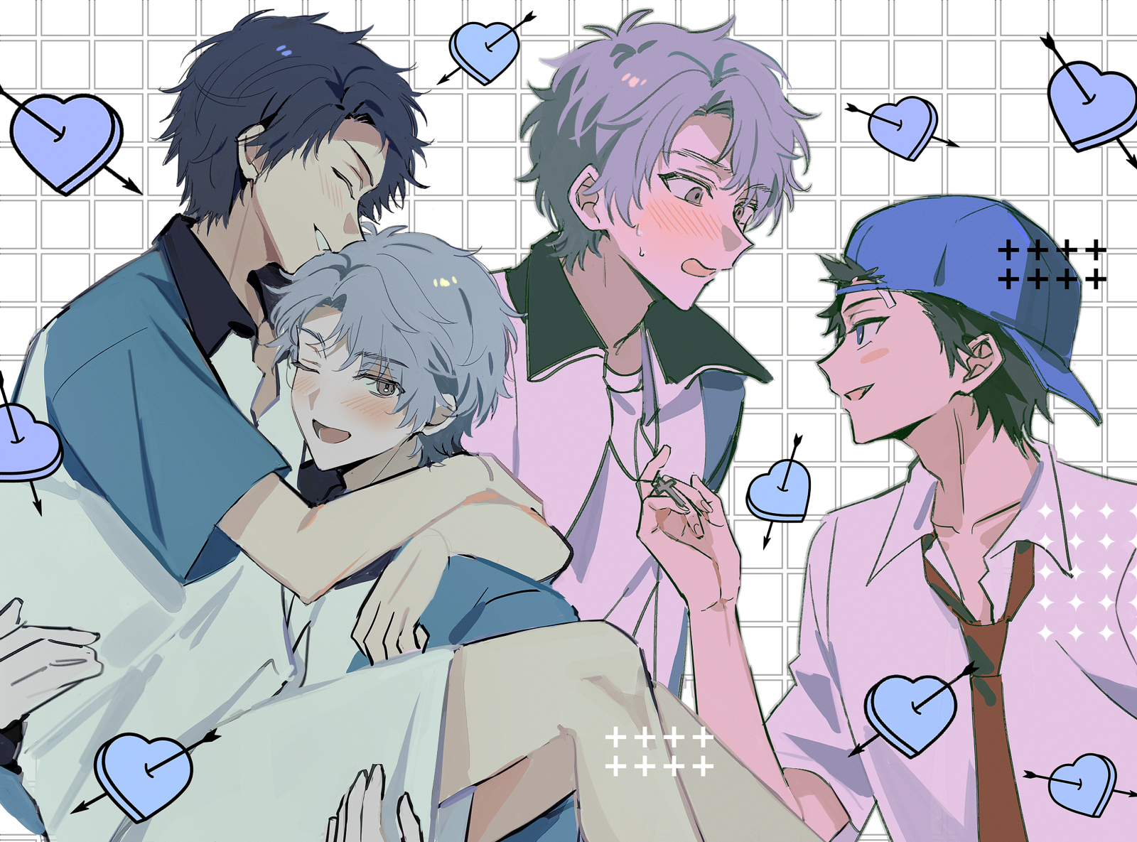 ootori choutarou, shishido ryou, tennis no ouji-sama, character request, check character, commentary request, highres, 2boys, 4k10r1, arms around neck, arrow through heart, backwards hat, baseball cap, black hair, blue eyes, blue hat, blush, brown eyes, carrying, carrying person, closed eyes, collarbone, cross, cross necklace, curtained hair, grey hair, grid background, hat, heart, jacket, jewelry, looking at another, looking at viewer, male focus, multiple boys, multiple views, necklace, necktie, one eye closed, open mouth, pulling another's necklace, red necktie, shirt, short hair, short sleeves, smile, white background, white shirt, wing collar, yaoi