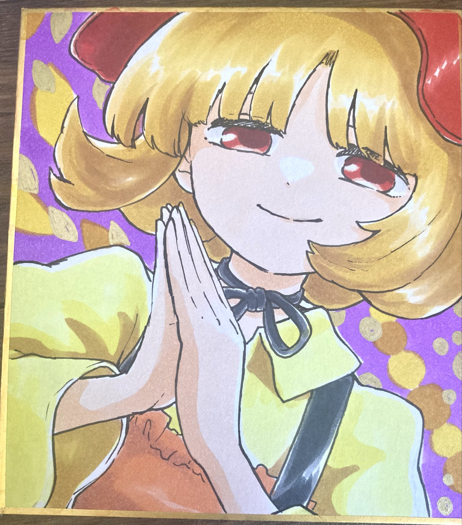 umebitan, aki minoriko, touhou, highres, traditional media, 1girl, apron, blonde hair, hat, leaf, looking at viewer, orange apron, portrait, purple background, red eyes, red hat, shirt, short hair, smile, solo, wide sleeves, yellow shirt