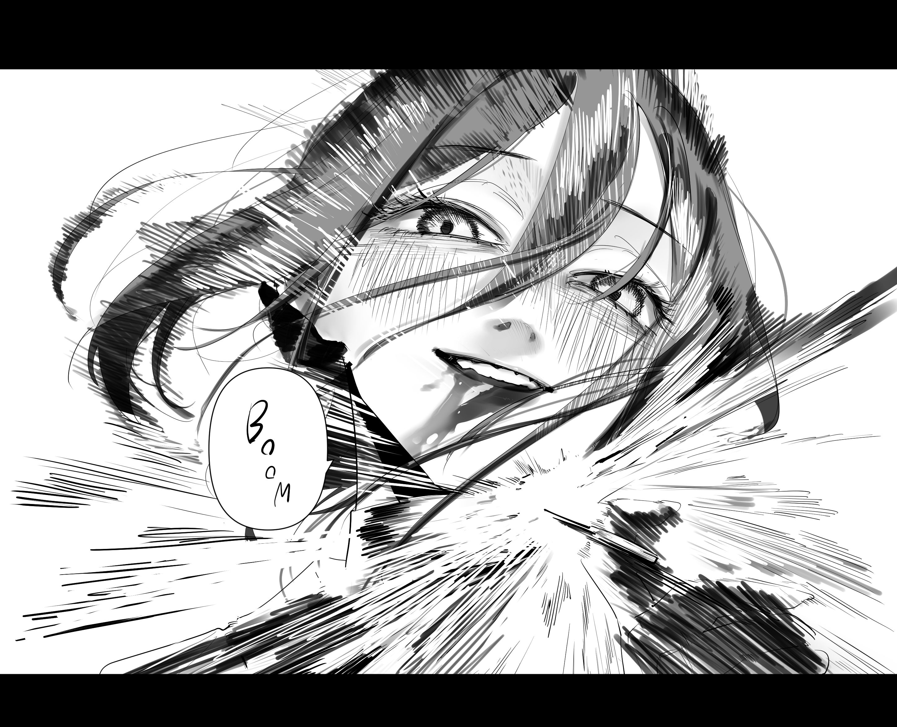 motsu (onli neet), reze (chainsaw man), chainsaw man, commentary request, highres, 1girl, blood, blood from mouth, blood on face, blush, close-up, english text, greyscale, hair between eyes, imminent explosion, looking at viewer, monochrome, solo, speech bubble