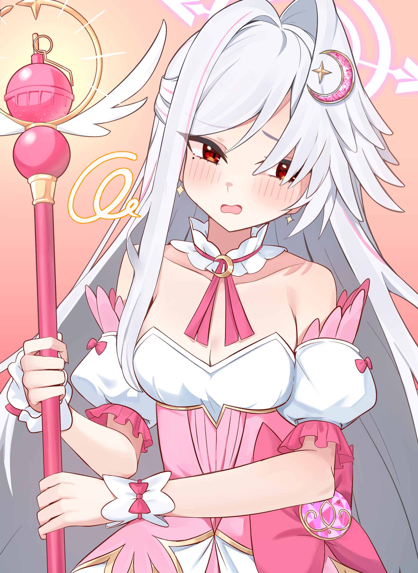 amaton707, suzumi (blue archive), suzumi (magical) (blue archive), blue archive, absurdres, highres, 1girl, bare shoulders, blush, breasts, crescent, crescent hair ornament, detached sleeves, dress, embarrassed, explosive, grenade, hair ornament, halo, head wings, holding, holding wand, long hair, looking to the side, magical girl, official alternate costume, open mouth, pink background, pink dress, puffy detached sleeves, puffy sleeves, purple halo, red eyes, sideways glance, simple background, single head wing, single wing, small breasts, solo, very long hair, wand, white hair, white wings, wing ornament, wings, wrist cuffs
