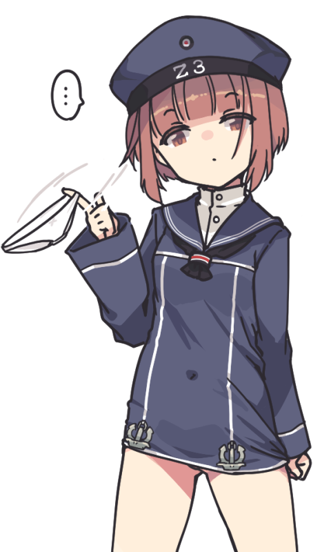 nakadori (movgnsk), z3 max schultz (kancolle), kantai collection, …, 1girl, black neckerchief, blue dress, blue hat, blue sailor collar, brown eyes, brown hair, clothes writing, cowboy shot, dress, hat, holding, holding panties, holding underwear, holding unworn clothes, long sleeves, looking at viewer, microdress, neckerchief, panties, panties around one finger, sailor collar, sailor dress, sailor hat, short dress, short hair, simple background, solo, spoken ellipsis, twirling panties, underwear, unworn panties, white background