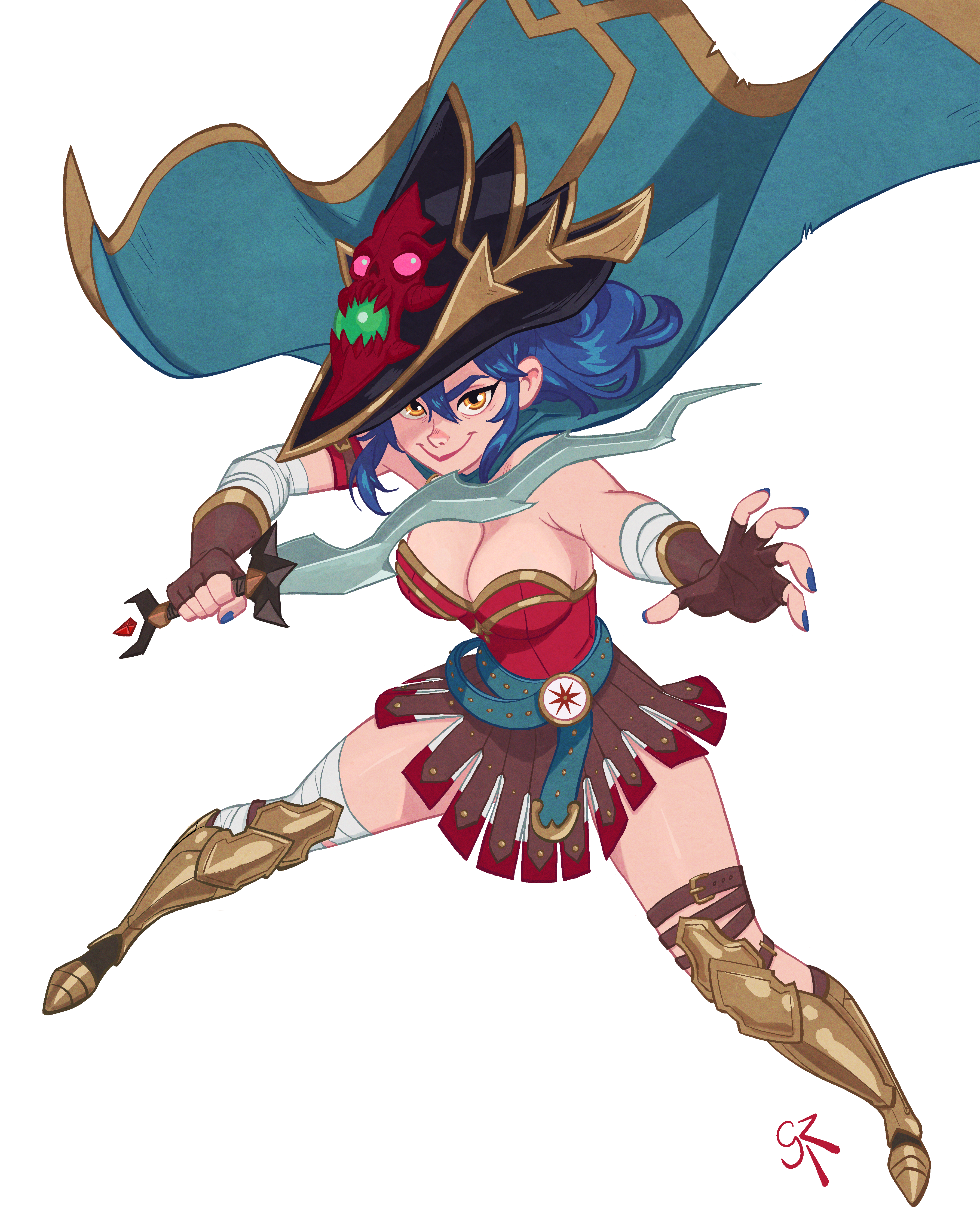 galmesh rosewood, dang (runescape), old school runescape, original, runescape, absurdres, commentary, commission, english commentary, highres, making-of available, second-party source, 1girl, armor, armored boots, bandaged arm, bandaged leg, bandages, belt, blue hair, blue nails, boots, breasts, brown skirt, cape, duellist's cap (tier 6), fingerless gloves, full body, gem, gladiator, gloves, glowing hat, gold trim, greaves, green belt, green cape, green gemstone, hair between eyes, hat, holding, holding sword, holding weapon, knife, leotard, light blush, long bangs, long hair, medium breasts, orange eyes, poleyn, ponytail, red leotard, simple background, skirt, smile, solo, standing, sun symbol, sword, thick eyebrows, weapon, white background, yellow eyes