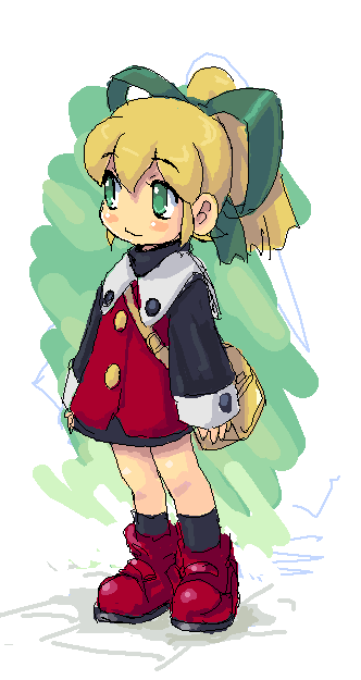 roll (mega man), capcom, mega man (classic), mega man (series), 1girl, blonde hair, female focus, green eyes, hair ribbon, ponytail, red skirt, ribbon, skirt, solo