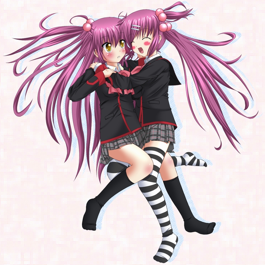 ao uribou, futaki kanata, saigusa haruka, little busters!, striped legwear, bad id, bad pixiv id, black socks, blush, kneehighs, long hair, plaid clothes, plaid skirt, purple hair, school uniform, siblings, sisters, skirt, smile, socks, striped clothes, striped thighhighs, thighhighs