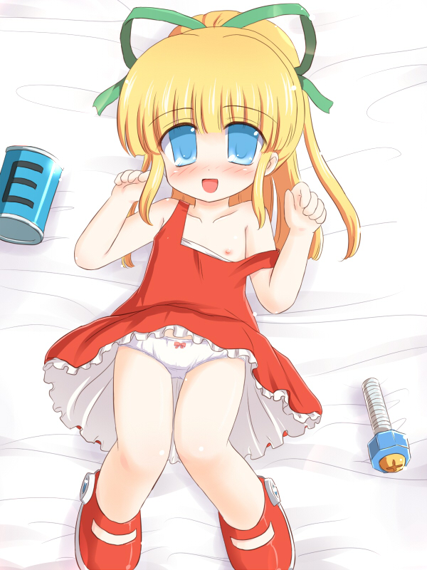 ry (yagoyago), roll (mega man), capcom, mega man (classic), mega man (series), 1girl, blonde hair, blue eyes, blush, bow, bow panties, clothes pull, dress pull, female focus, flat chest, hair ribbon, loli, panties, ponytail, red skirt, ribbon, skirt, solo, underwear