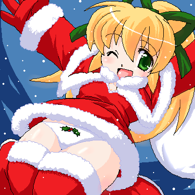 ikeda jun (aquaqua), roll (mega man), capcom, mega man (classic), mega man (series), lowres, 1girl, blonde hair, female focus, green eyes, hair ribbon, loli, oekaki, panties, ponytail, red skirt, ribbon, santa costume, skirt, solo, thighhighs, underwear