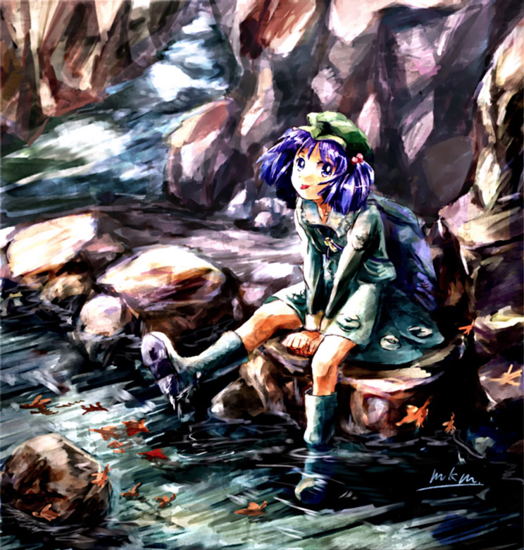mkm, kawashiro nitori, touhou, bad id, bad pixiv id, 1girl, :p, backpack, bag, blue eyes, blue hair, female focus, hair bobbles, hair ornament, hat, matching hair/eyes, nature, outdoors, plant, randoseru, river, skirt, solo, tongue, tongue out, twintails