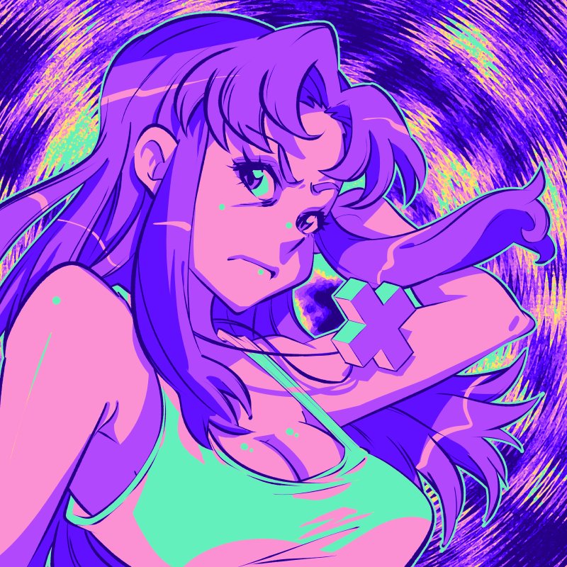 rafchu, katsuragi misato, neon genesis evangelion, 1girl, breasts, cleavage, closed mouth, cross, cross necklace, earrings, floating hair, jewelry, long hair, medium breasts, necklace, purple eyes, purple hair, purple theme, shiny skin, solo, tank top, upper body, yellow tank top