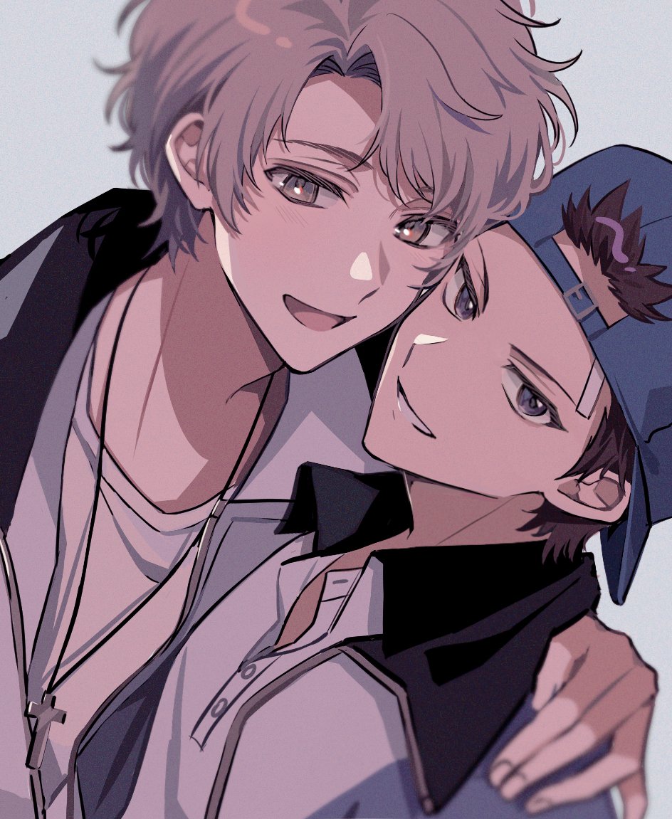 ootori choutarou, shishido ryou, tennis no ouji-sama, character request, check character, commentary request, 2boys, 4k10r1, backwards hat, baseball cap, black hair, blue eyes, blue hat, blush, brown eyes, cross, cross necklace, curtained hair, dutch angle, grey hair, hand on another's shoulder, hat, jacket, jewelry, looking at viewer, male focus, multiple boys, necklace, open mouth, portrait, shirt, short hair, simple background, smile, white background, white shirt, wing collar
