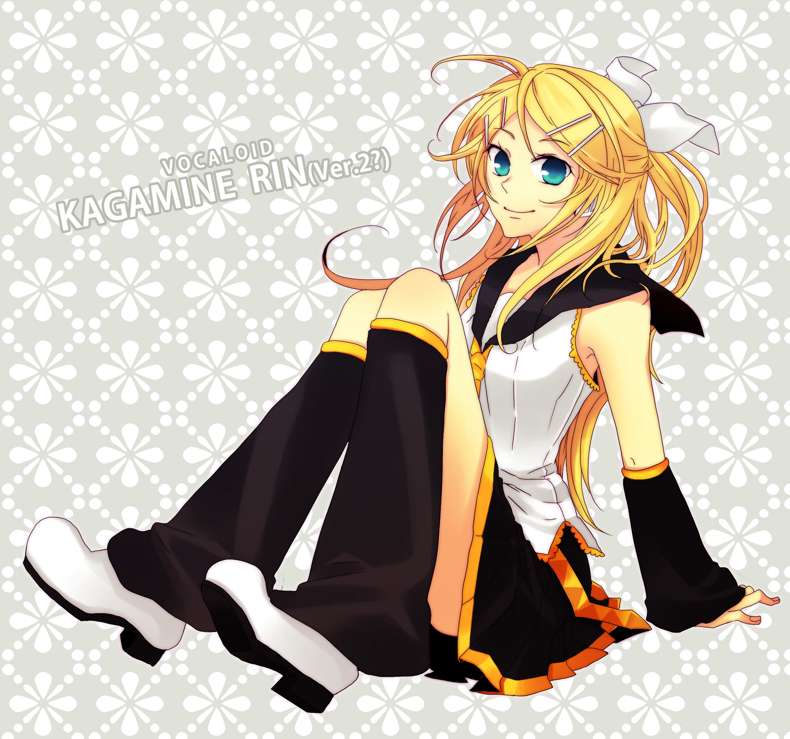 tamura hiro, kagamine rin, kagamine rin (future style), vocaloid, colorized, highres, 1girl, aged up, alternate hairstyle, arm support, blonde hair, detached sleeves, female focus, green eyes, hair ribbon, long hair, looking at viewer, ribbon, shoes, sitting, skirt, smile, solo