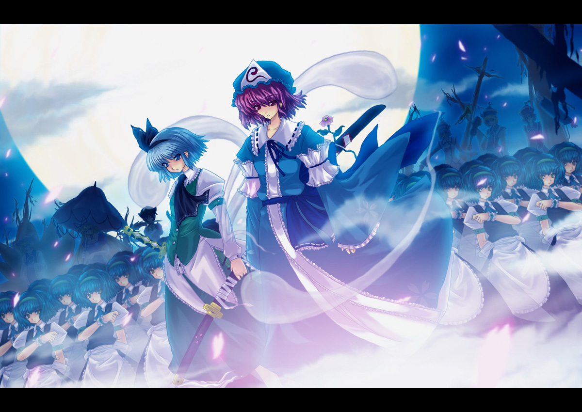 eltnage, chen, konpaku youmu, konpaku youmu (ghost), lunasa prismriver, lyrica prismriver, merlin prismriver, saigyouji yuyuko, yakumo ran, yakumo yukari, touhou, 6+girls, blonde hair, blue background, blue hat, collared shirt, comic, female focus, hat, hitodama, japanese clothes, letterboxed, maid, multiple girls, shirt