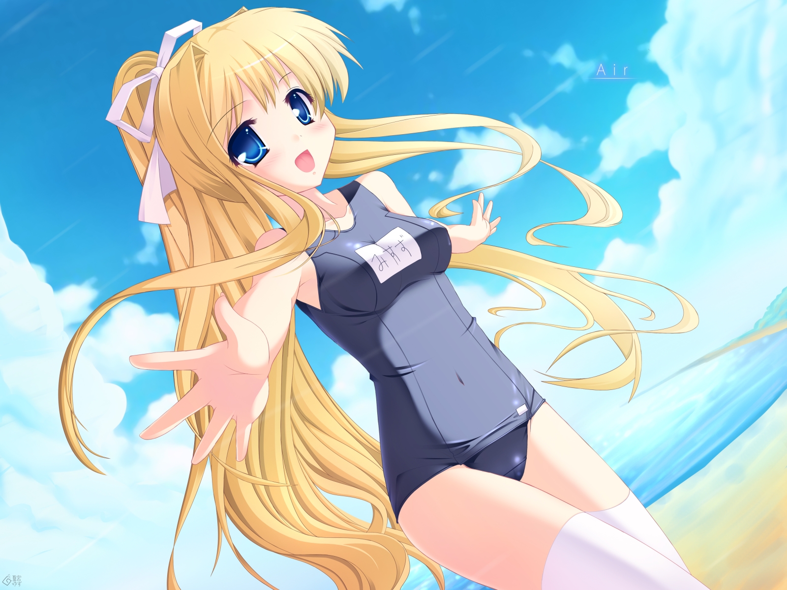 natsumiya yuzu, kamio misuzu, air (visual novel), highres, 00s, 1girl, beach, blonde hair, day, female focus, long hair, one-piece swimsuit, school swimsuit, solo, swimsuit, thighhighs, very long hair, white thighhighs, zettai ryouiki