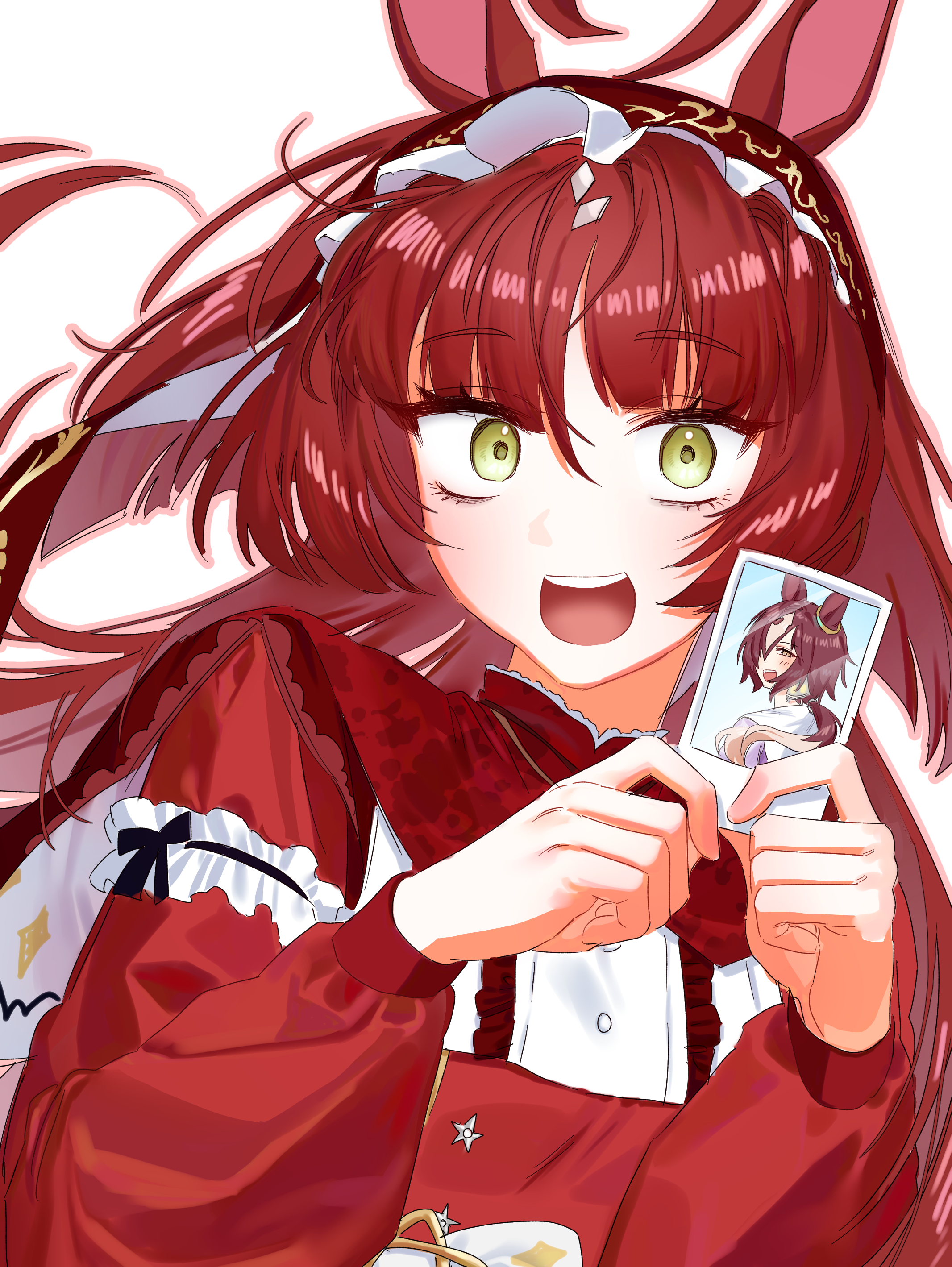 baejimile, vodka (umamusume), umamusume, absurdres, highres, 1girl, ahoge, animal ears, blunt bangs, blunt sidelocks, dress, frilled hairband, frills, hairband, holding, holding photo, horse ears, horse girl, long hair, open mouth, photo (object), red desire (umamusume), red dress, red hair, red hairband, sidelocks, simple background, smile, solo, teeth, upper teeth only, white background, wide-eyed, yellow eyes