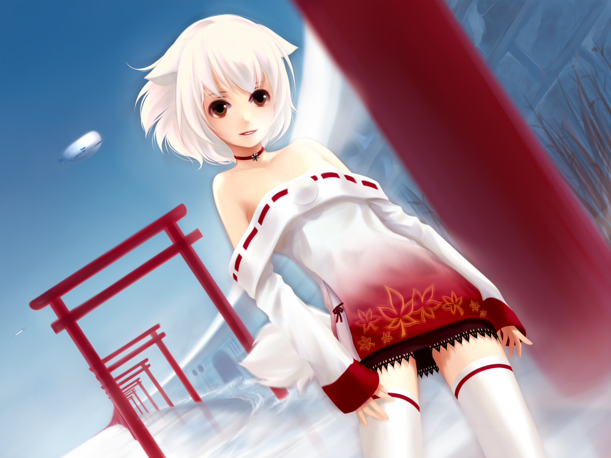 yori, yori (shitsuon), inubashiri momiji, touhou, 1girl, aircraft, alternate costume, animal ears, bare shoulders, choker, dirigible, dutch angle, female focus, leaf print, red eyes, ribbon-trimmed clothes, ribbon trim, solo, tail, thighhighs, torii, white hair, white thighhighs, wolf ears, wolf tail