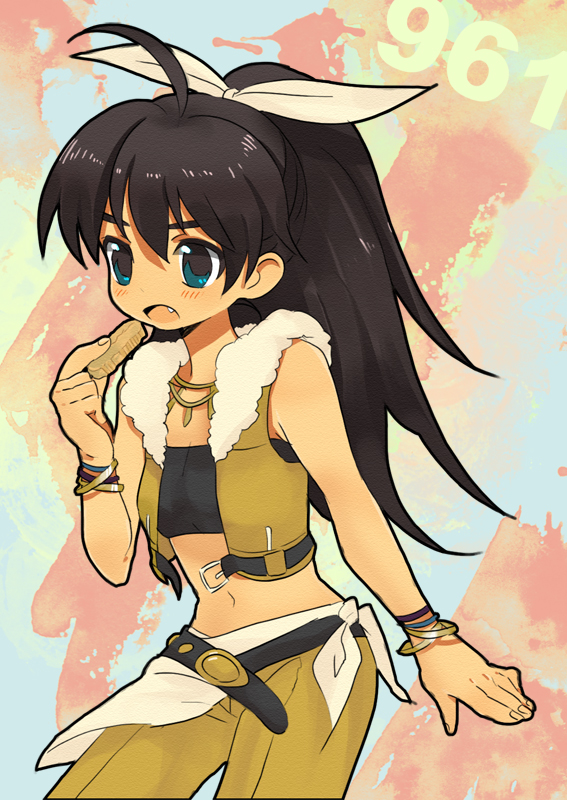 dadami, 961 production, ganaha hibiki, idolmaster, idolmaster (classic), bad id, bad pixiv id, 00s, 1girl, black hair, blue eyes, blush, cookie, eating, fang, female focus, food, midriff, ponytail, solo, tank top