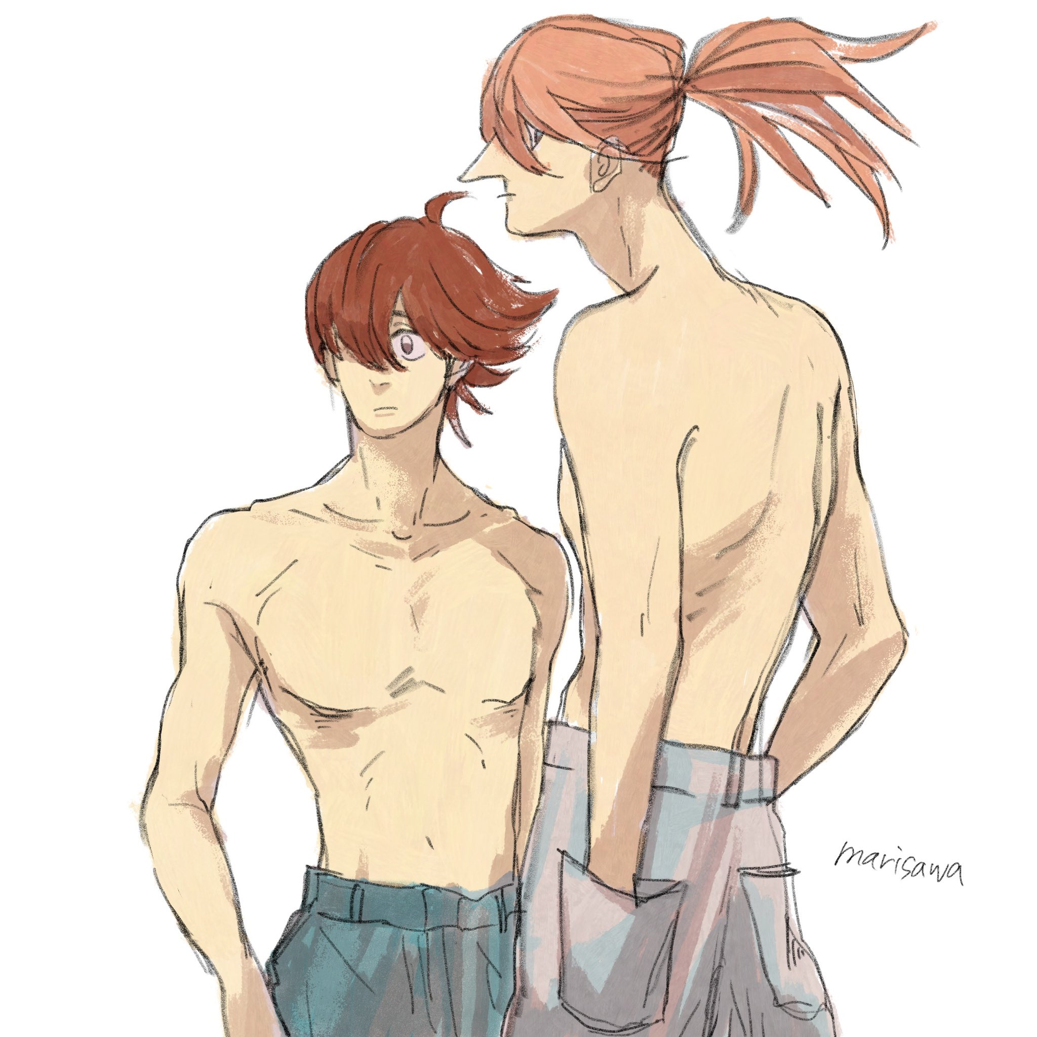 jet link, shimamura joe, cyborg 009, highres, ahoge, big nose, brown hair, cyborg, dynamic pose, hair over one eye, hands in pockets, lifeguard, long hair, looking at viewer, male focus, marisawa231, pectorals, ponytail, shorts, spiked hair, tall male
