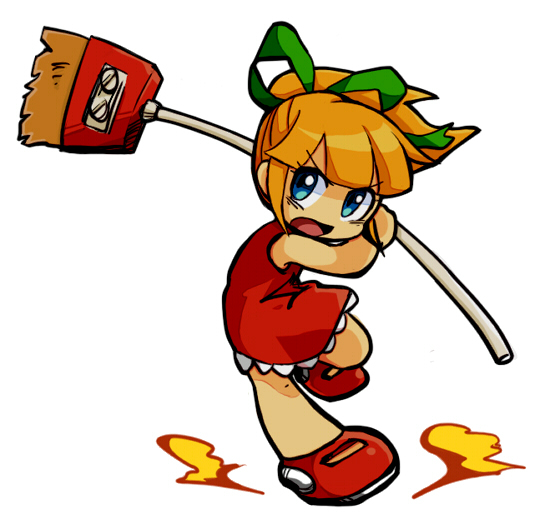 dronken, roll (mega man), capcom, mega man (classic), mega man (series), 1girl, blonde hair, blue eyes, broom, female focus, hair ribbon, open mouth, ponytail, red skirt, ribbon, skirt, solo, white background