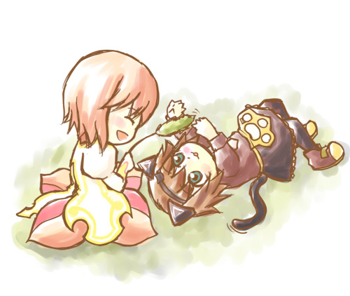 maruru (marimo811), estellise sidos heurassein, rita mordio, tales of (series), tales of vesperia, lowres, 00s, 2girls, animal ears, blush, brown hair, cat ears, cat tail, chibi, closed eyes, dress, gloves, green eyes, headband, multiple girls, official alternate costume, pink hair, short hair, tail