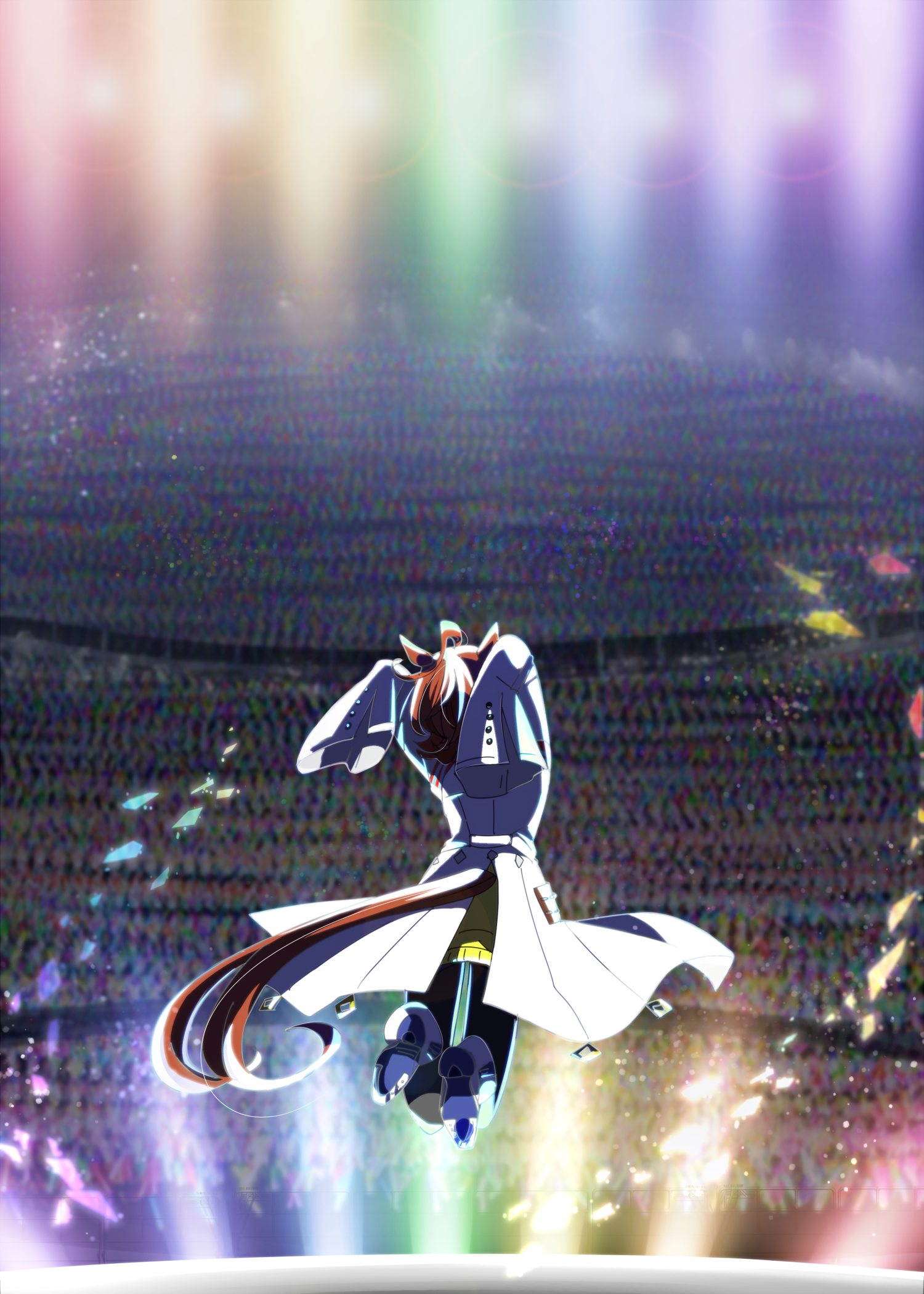 morimoru413, agnes tachyon (tach-nology) (umamusume), agnes tachyon (umamusume), umamusume, highres, 1girl, ahoge, animal ears, black pantyhose, brown hair, concert, crowd, from behind, horse ears, horse girl, horse tail, huge ahoge, jumping, lab coat, long sleeves, medium hair, pantyhose, sleeves past fingers, sleeves past wrists, solo focus, spotlight, stage, sweater, sweater vest, tail, yellow sweater, yellow sweater vest