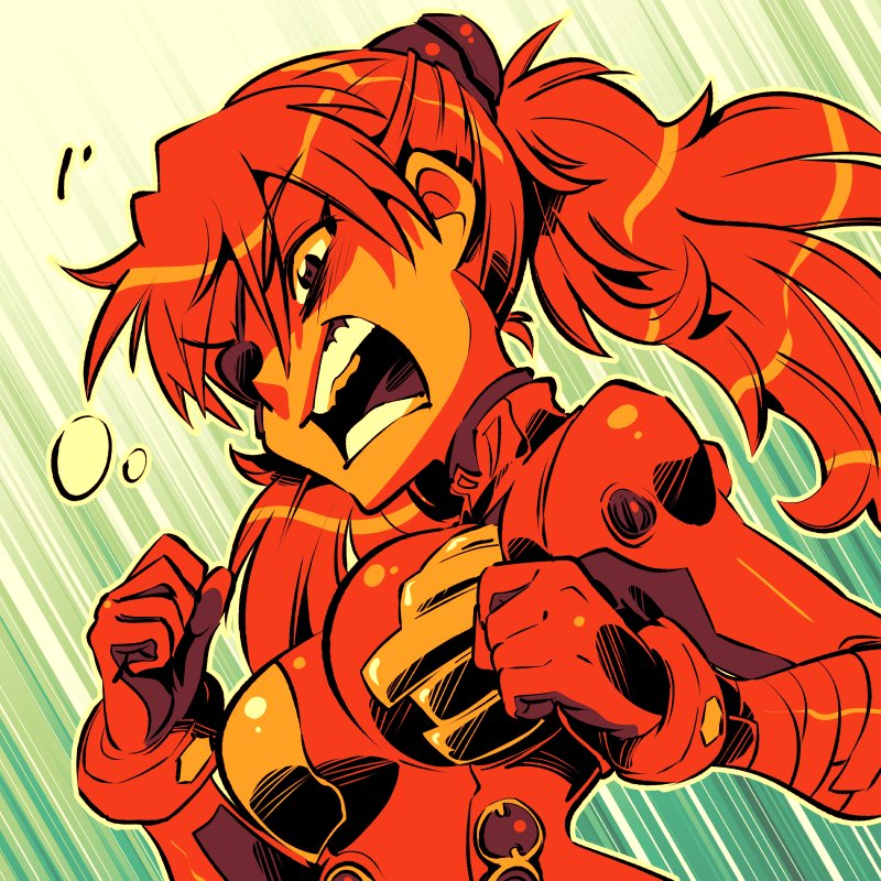rafchu, souryuu asuka langley, evangelion: 3.0+1.0 thrice upon a time, neon genesis evangelion, rebuild of evangelion, 1girl, angry, bodysuit, breasts, eyepatch, hair ornament, long hair, looking to the side, mecha pilot suit, medium breasts, motion lines, open mouth, plugsuit (evangelion), red bodysuit, shiny clothes, solo, speed lines, teeth, twintails