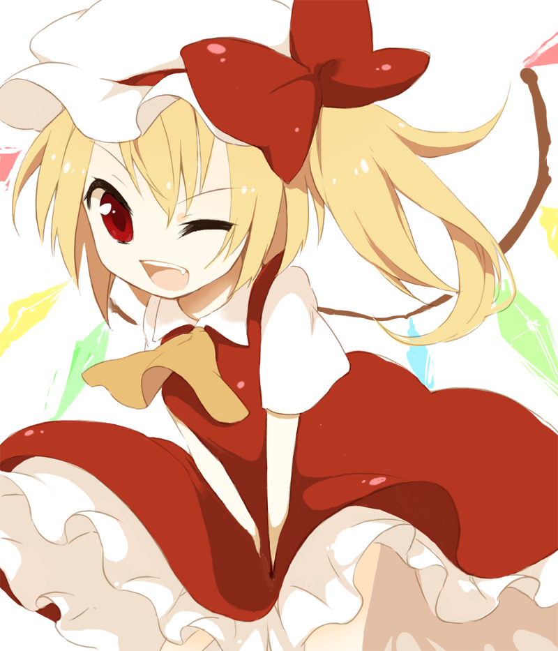 fujiyama, rin (artist), flandre scarlet, touhou, bad id, bad pixiv id, 1girl, blonde hair, bow, fang, female focus, hat, one eye closed, red eyes, ribbon, side ponytail, solo, wings, wink