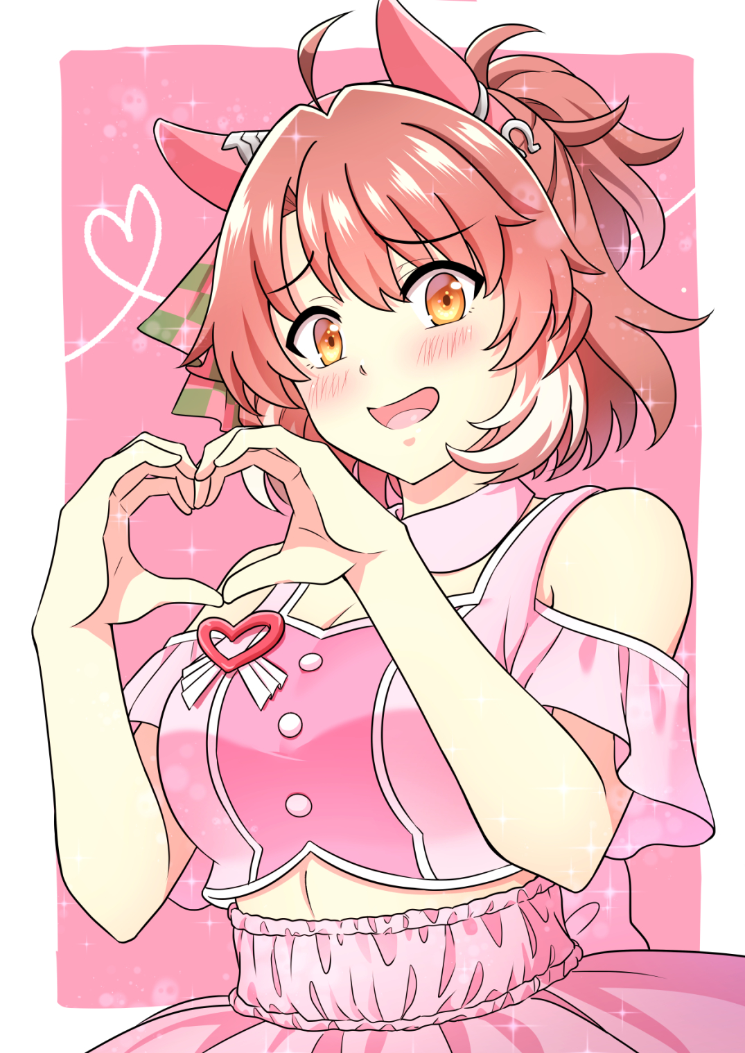 dantsu flame (umamusume), umamusume, highres, 1girl, ahoge, animal ears, bare shoulders, blush, bow, breasts, brown eyes, brown hair, checkered ribbon, cleavage, clothing cutout, ear covers, ear ornament, ear ribbon, hair between eyes, headband, heart, horse ears, horse girl, hoshiyoru168, looking at viewer, meni shuki rush-sshu!, midriff, multicolored hair, navel, open mouth, pink headband, pink shirt, pink skirt, shirt, shoulder cutout, skirt, smile, solo, white hair