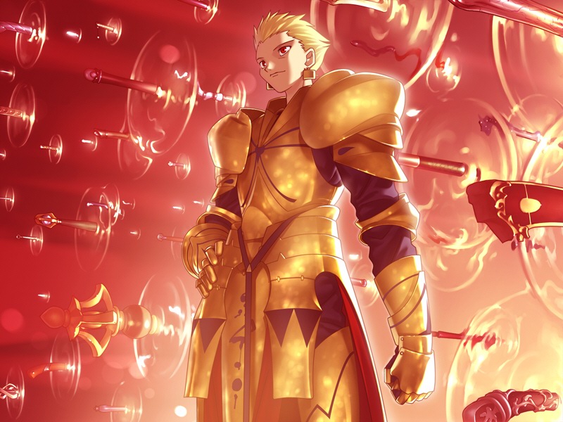 takeuchi takashi, gilgamesh (fate), fate/stay night, fate (series), type-moon, game cg, 00s, 1boy, armor, gate of babylon (fate), male focus, solo, sword, weapon